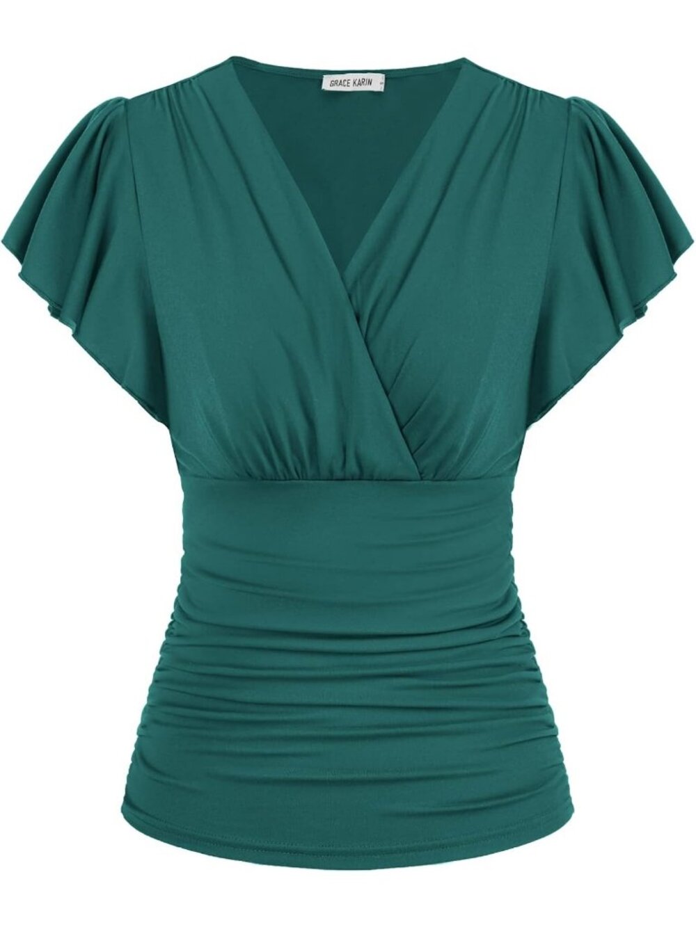 Women's T Shirt Green Blue V Neck Casual Wrap Blouse Ruffle Sleeve Ruched Soft